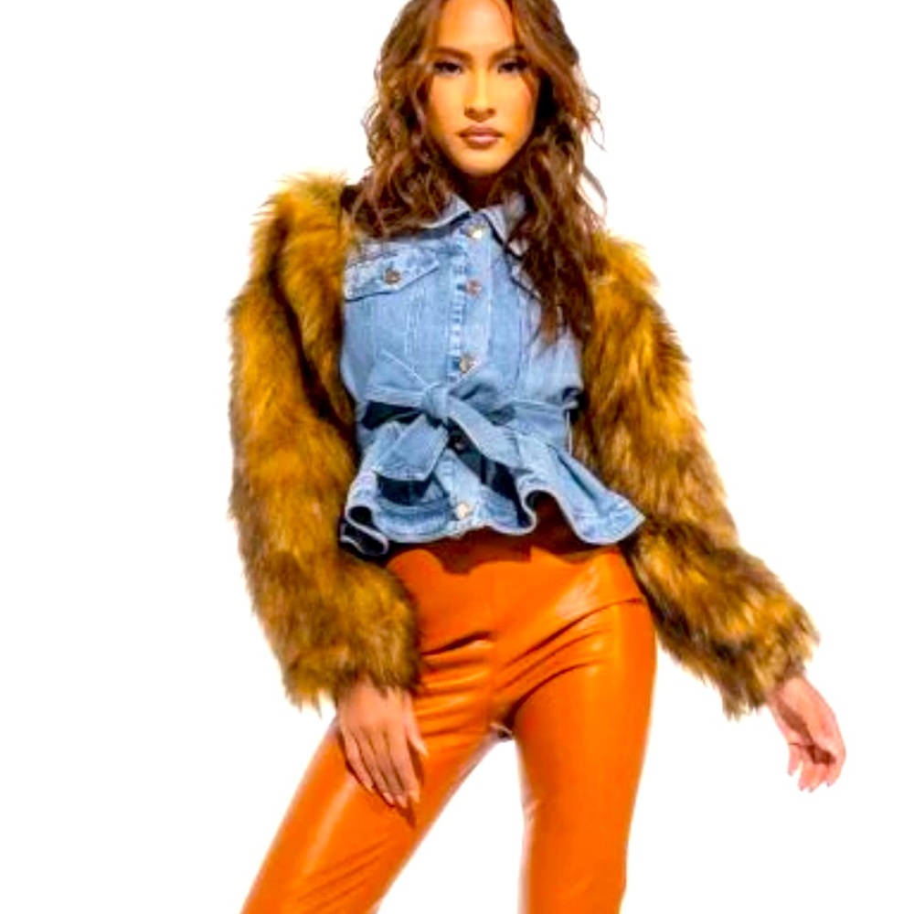New Portugal Denim Faux Fur Arm Jacket, Blue Denim, Fluffy Arms, Western Cowboy